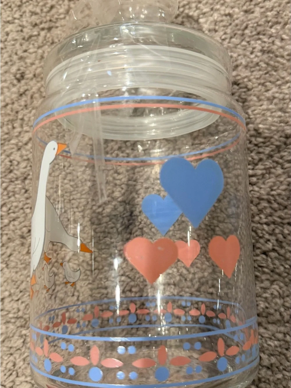 Vintage White Goose Glass Canister with Blue and Pink Accents